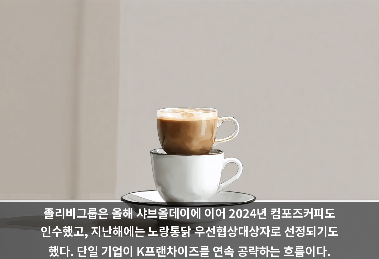 졸리비그룹은 올해 샤브올데이에 이어 2024년 컴포즈커피도 인수했고, 지난해에는 노랑통닭 우선협상대상자로 선정되기도 했다. 단일 기업이 K프랜차이즈를 연속 공략하는 흐름이다.