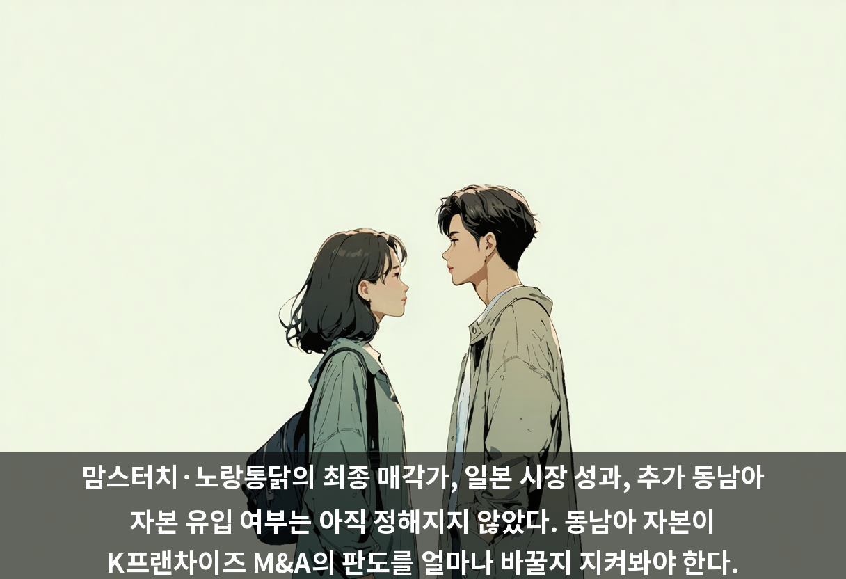 맘스터치·노랑통닭의 최종 매각가, 일본 시장 성과, 추가 동남아 자본 유입 여부는 아직 정해지지 않았다. 동남아 자본이 K프랜차이즈 M&A의 판도를 얼마나 바꿀지 지켜봐야 한다.