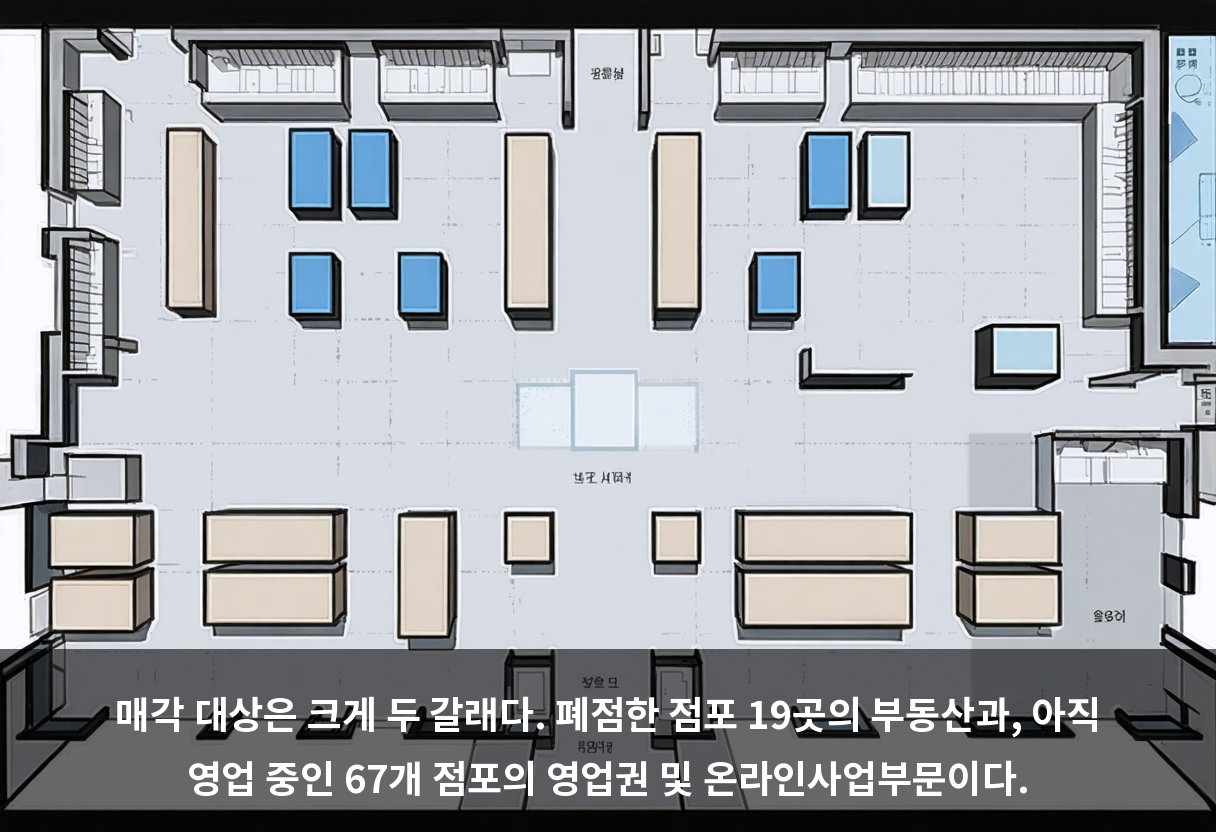 매각 대상은 크게 두 갈래다. 폐점한 점포 19곳의 부동산과, 아직 영업 중인 67개 점포의 영업권 및 온라인사업부문이다.