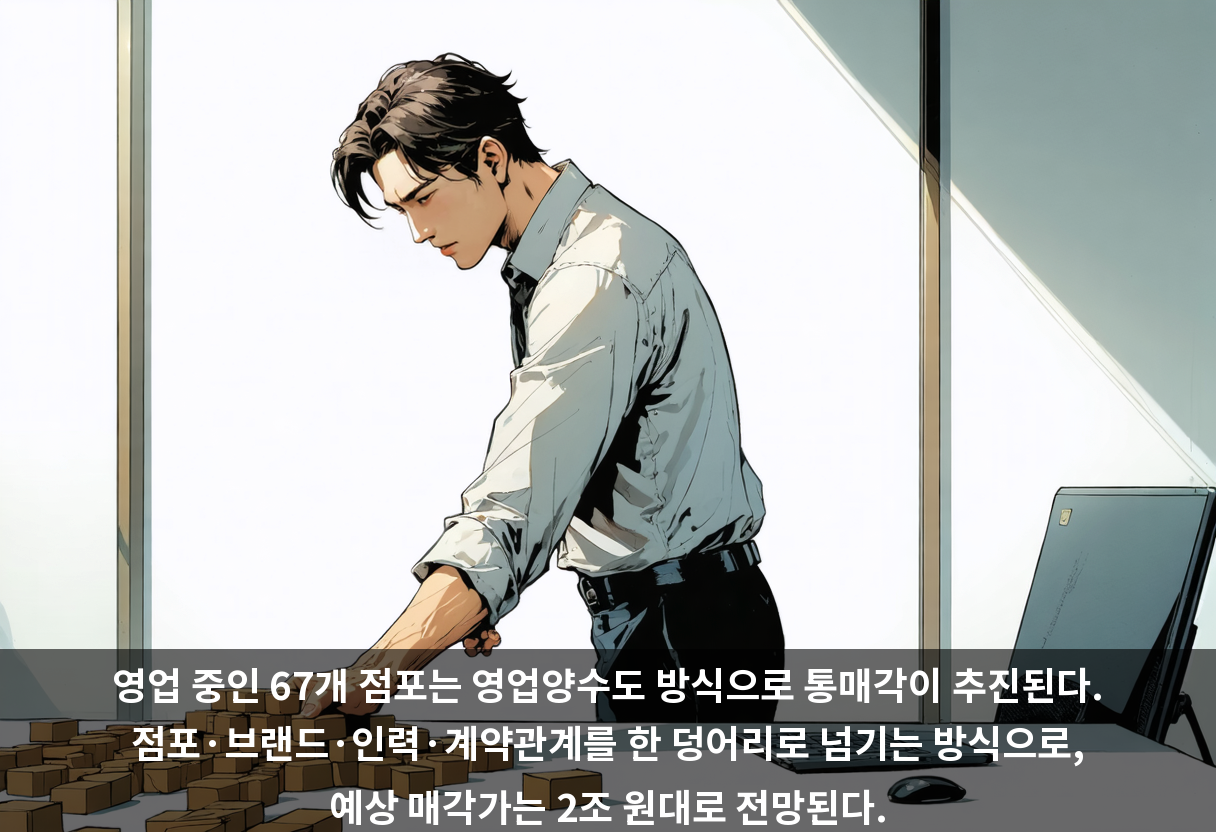 영업 중인 67개 점포는 영업양수도 방식으로 통매각이 추진된다. 점포·브랜드·인력·계약관계를 한 덩어리로 넘기는 방식으로, 예상 매각가는 2조 원대로 전망된다.
