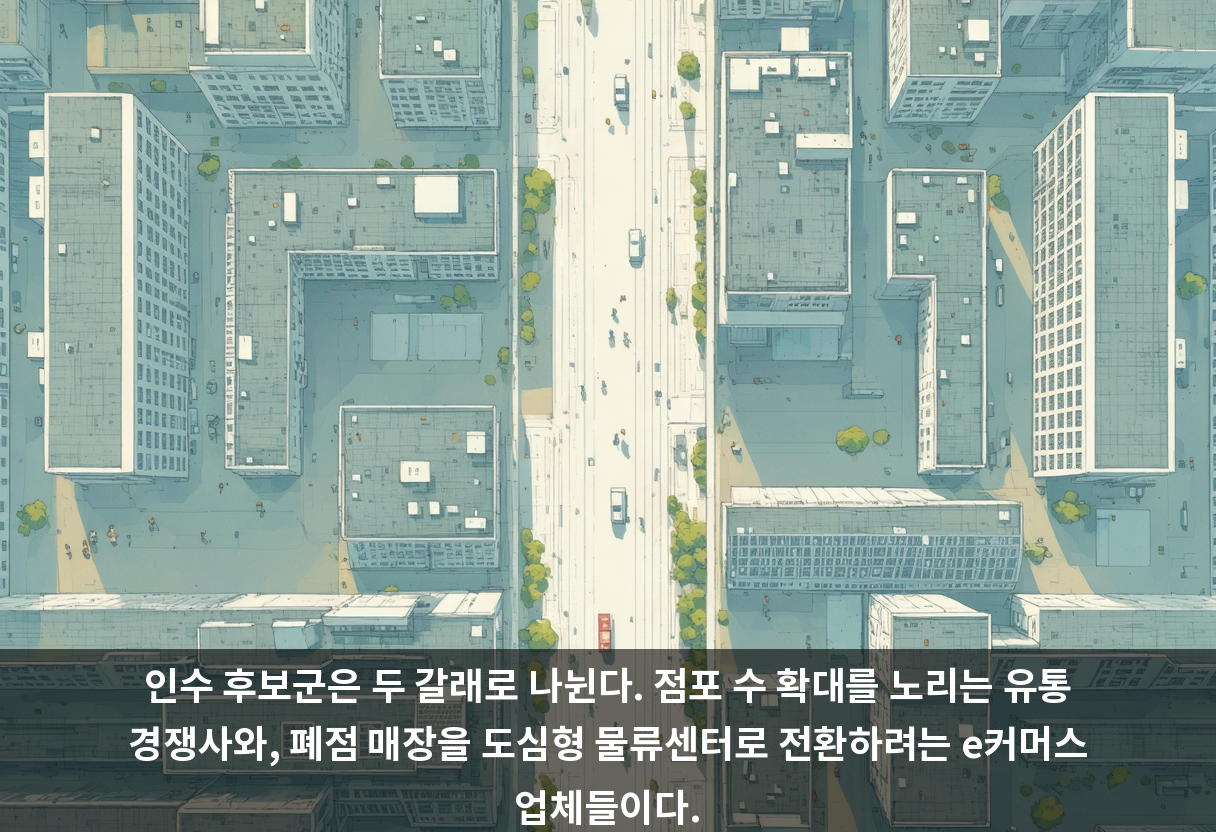 인수 후보군은 두 갈래로 나뉜다. 점포 수 확대를 노리는 유통 경쟁사와, 폐점 매장을 도심형 물류센터로 전환하려는 e커머스 업체들이다.