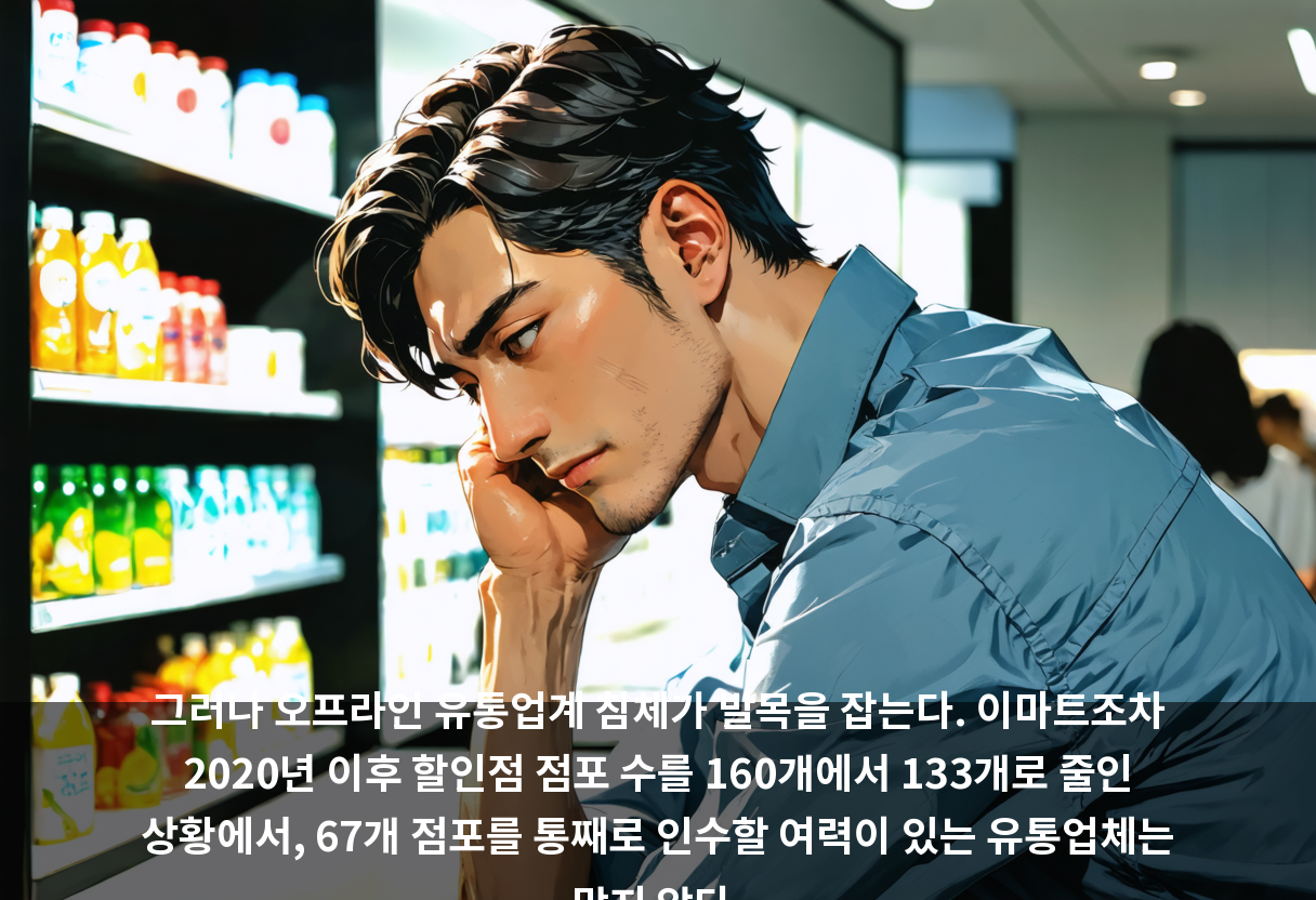 그러나 오프라인 유통업계 침체가 발목을 잡는다. 이마트조차 2020년 이후 할인점 점포 수를 160개에서 133개로 줄인 상황에서, 67개 점포를 통째로 인수할 여력이 있는 유통업체는 많지 않다.
