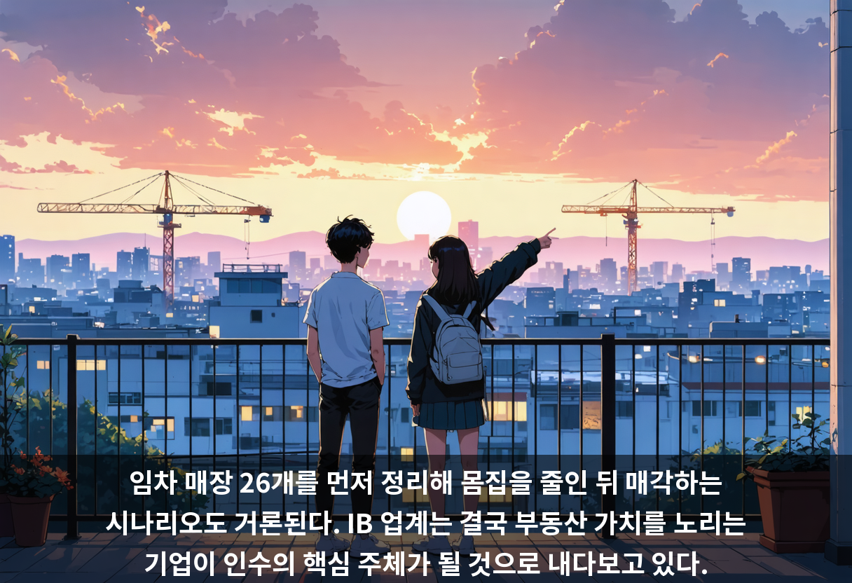 임차 매장 26개를 먼저 정리해 몸집을 줄인 뒤 매각하는 시나리오도 거론된다. IB 업계는 결국 부동산 가치를 노리는 기업이 인수의 핵심 주체가 될 것으로 내다보고 있다.