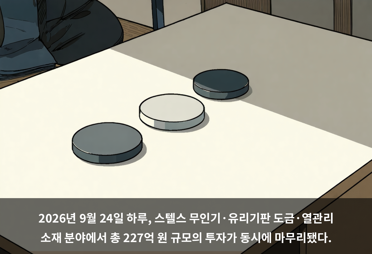 2026년 9월 24일 하루, 스텔스 무인기·유리기판 도금·열관리 소재 분야에서 총 227억 원 규모의 투자가 동시에 마무리됐다.