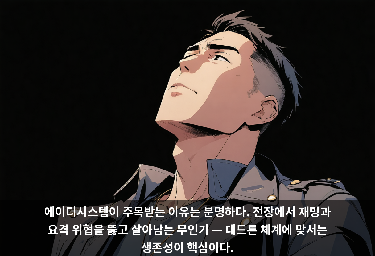 에이디시스템이 주목받는 이유는 분명하다. 전장에서 재밍과 요격 위협을 뚫고 살아남는 무인기 — 대드론 체계에 맞서는 생존성이 핵심이다.