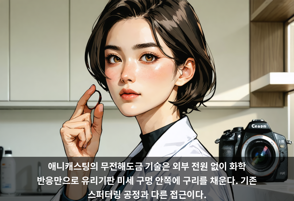 애니캐스팅의 무전해도금 기술은 외부 전원 없이 화학 반응만으로 유리기판 미세 구멍 안쪽에 구리를 채운다. 기존 스퍼터링 공정과 다른 접근이다.