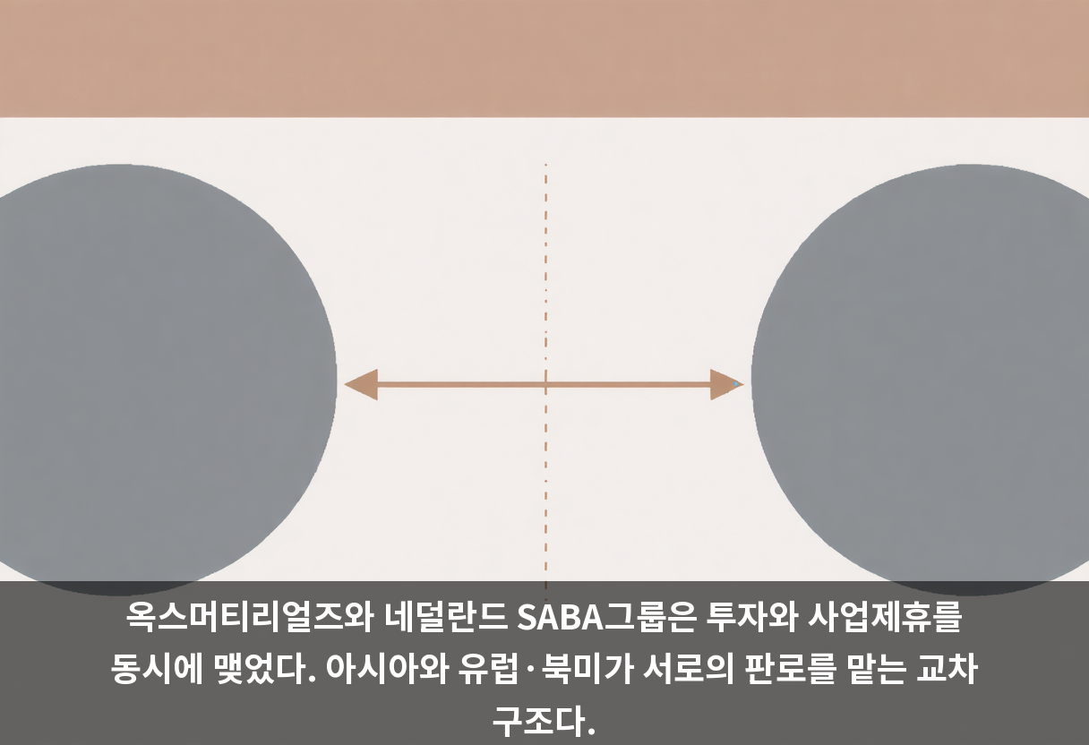 옥스머티리얼즈와 네덜란드 SABA그룹은 투자와 사업제휴를 동시에 맺었다. 아시아와 유럽·북미가 서로의 판로를 맡는 교차 구조다.