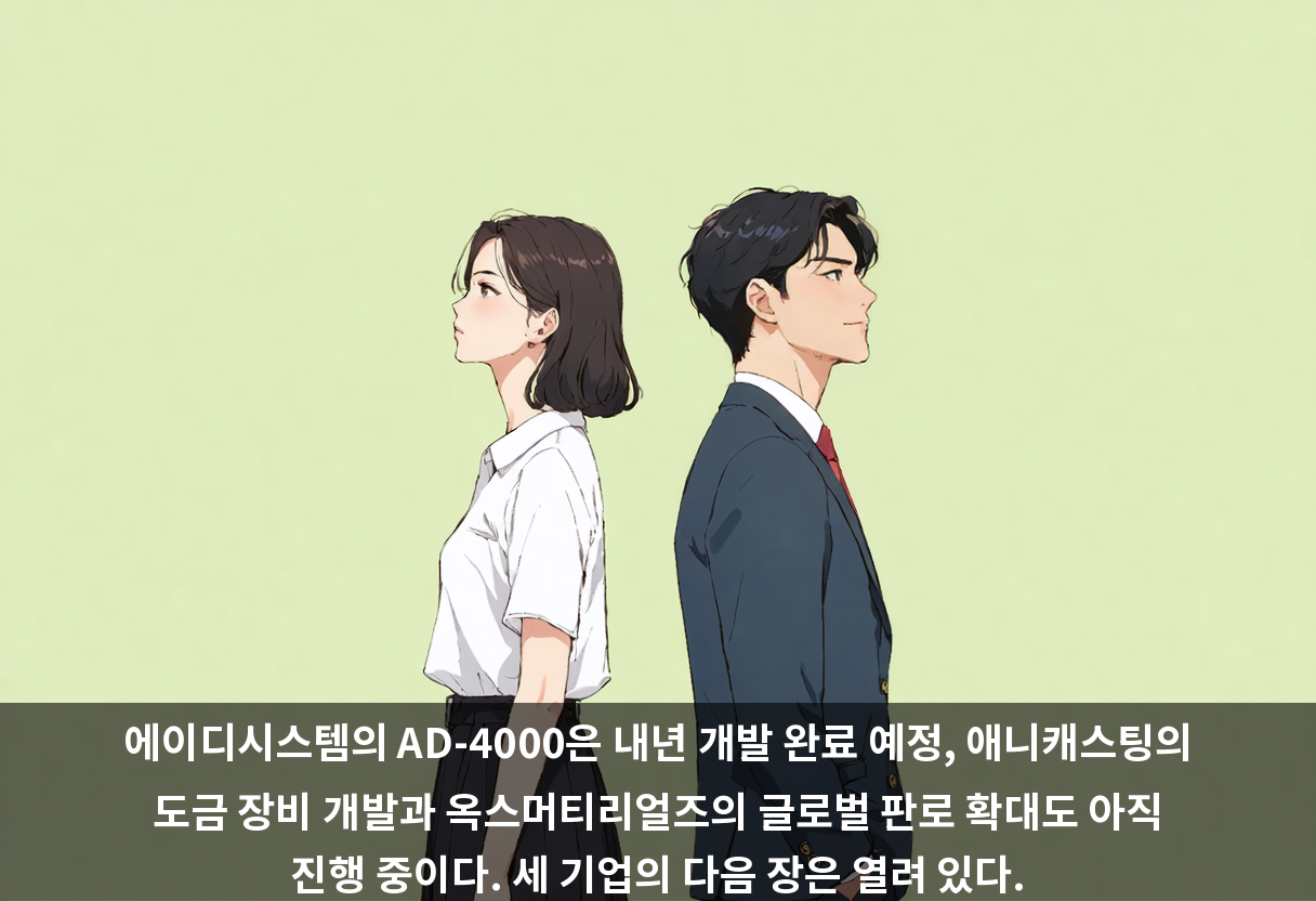 에이디시스템의 AD-4000은 내년 개발 완료 예정, 애니캐스팅의 도금 장비 개발과 옥스머티리얼즈의 글로벌 판로 확대도 아직 진행 중이다. 세 기업의 다음 장은 열려 있다.