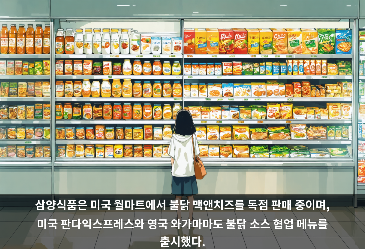 삼양식품은 미국 월마트에서 불닭 맥앤치즈를 독점 판매 중이며, 미국 판다익스프레스와 영국 와가마마도 불닭 소스 협업 메뉴를 출시했다.