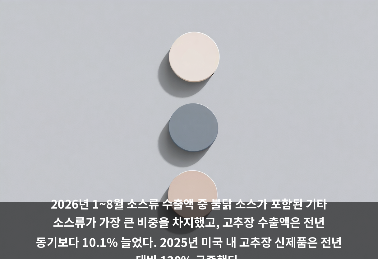 2026년 1~8월 소스류 수출액 중 불닭 소스가 포함된 기타 소스류가 가장 큰 비중을 차지했고, 고추장 수출액은 전년 동기보다 10.1% 늘었다. 2025년 미국 내 고추장 신제품은 전년 대비 120% 급증했다.