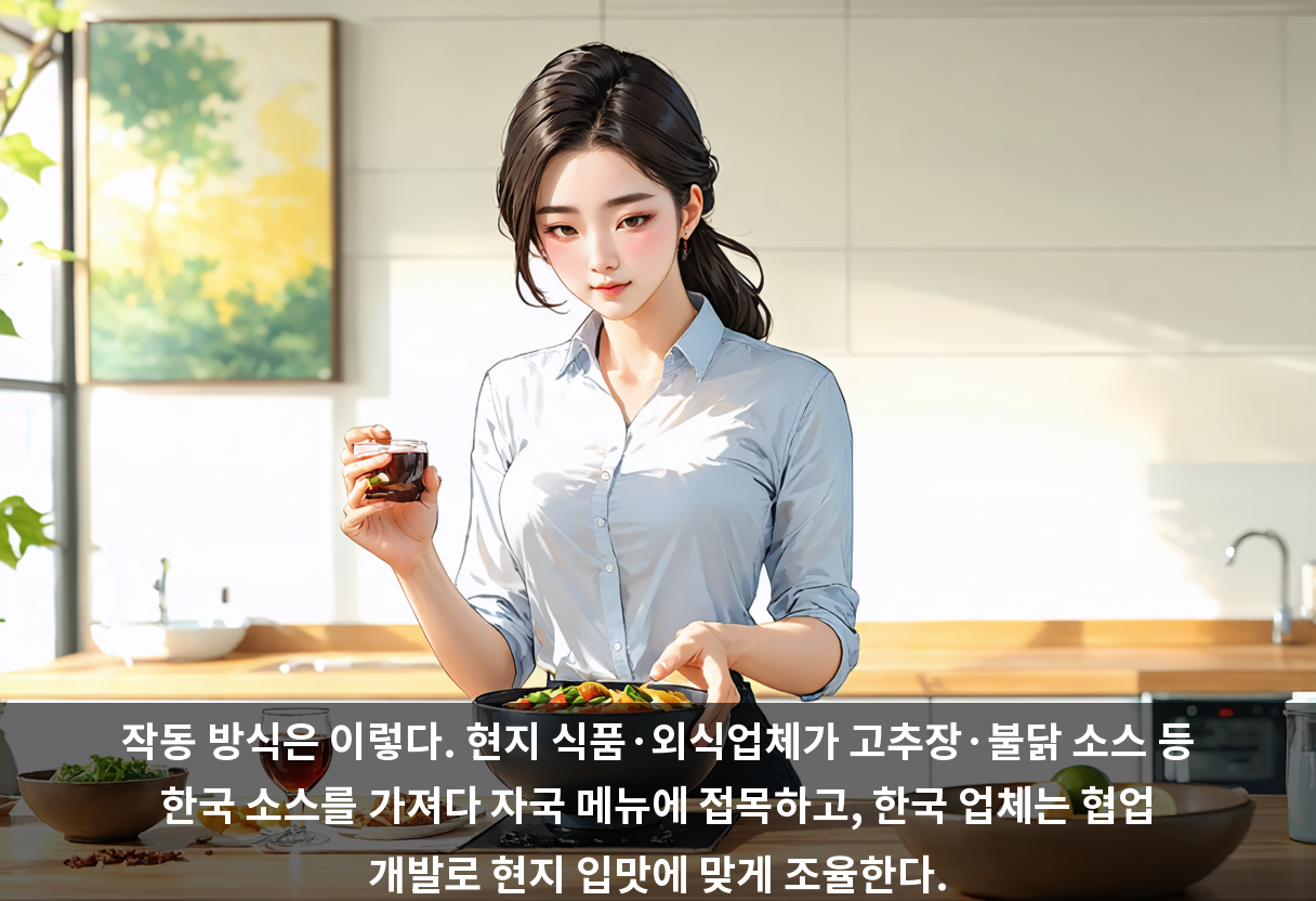 작동 방식은 이렇다. 현지 식품·외식업체가 고추장·불닭 소스 등 한국 소스를 가져다 자국 메뉴에 접목하고, 한국 업체는 협업 개발로 현지 입맛에 맞게 조율한다.