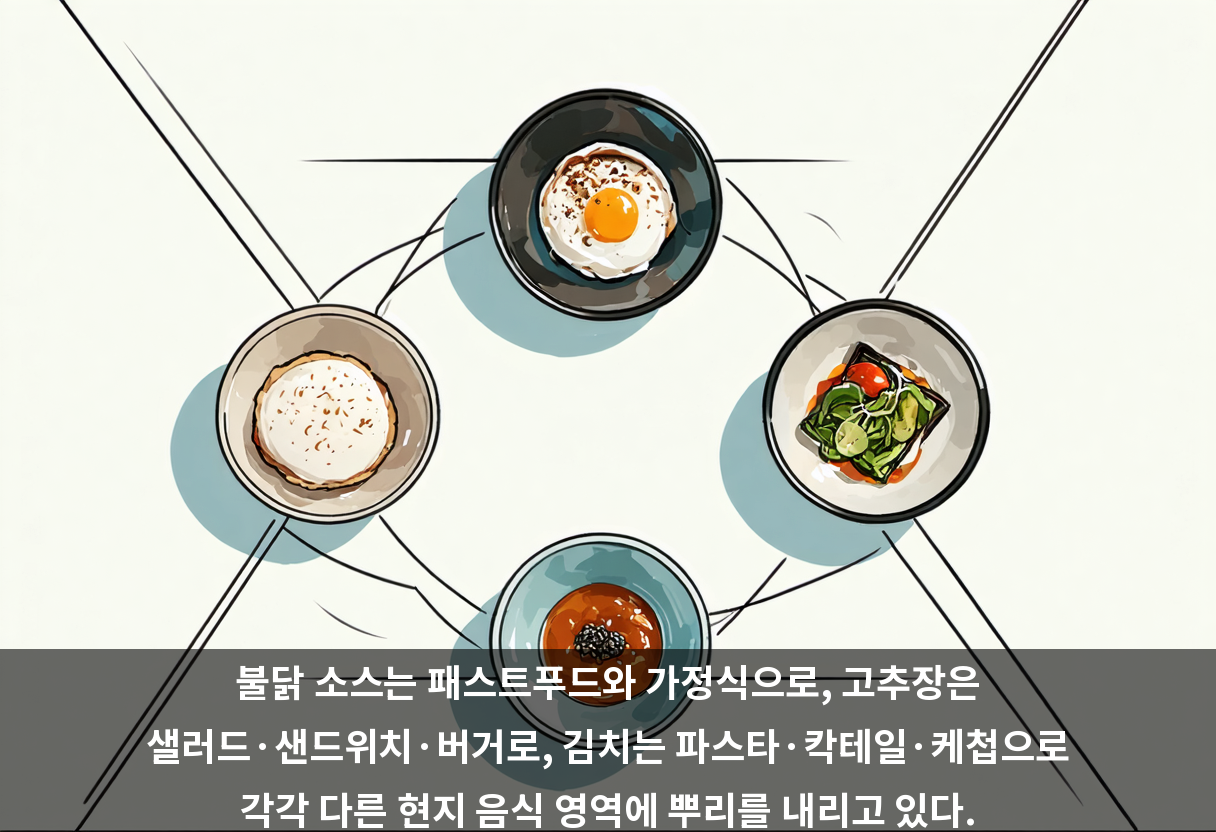 불닭 소스는 패스트푸드와 가정식으로, 고추장은 샐러드·샌드위치·버거로, 김치는 파스타·칵테일·케첩으로 각각 다른 현지 음식 영역에 뿌리를 내리고 있다.