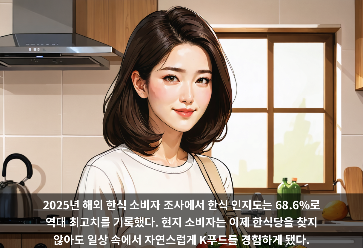 2025년 해외 한식 소비자 조사에서 한식 인지도는 68.6%로 역대 최고치를 기록했다. 현지 소비자는 이제 한식당을 찾지 않아도 일상 속에서 자연스럽게 K푸드를 경험하게 됐다.