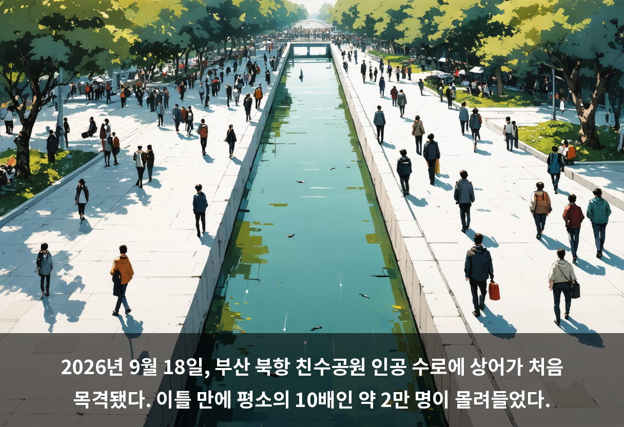 2026년 9월 18일, 부산 북항 친수공원 인공 수로에 상어가 처음 목격됐다. 이틀 만에 평소의 10배인 약 2만 명이 몰려들었다.
