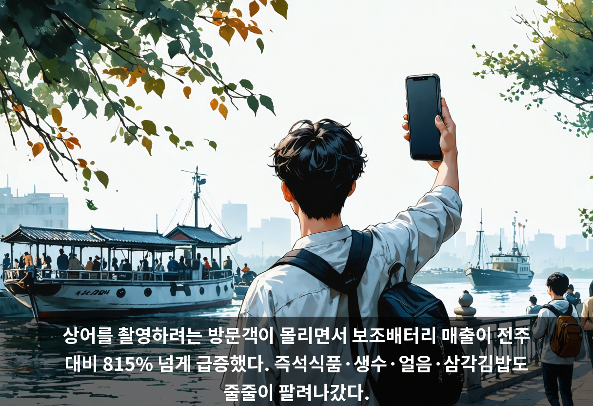 상어를 촬영하려는 방문객이 몰리면서 보조배터리 매출이 전주 대비 815% 넘게 급증했다. 즉석식품·생수·얼음·삼각김밥도 줄줄이 팔려나갔다.