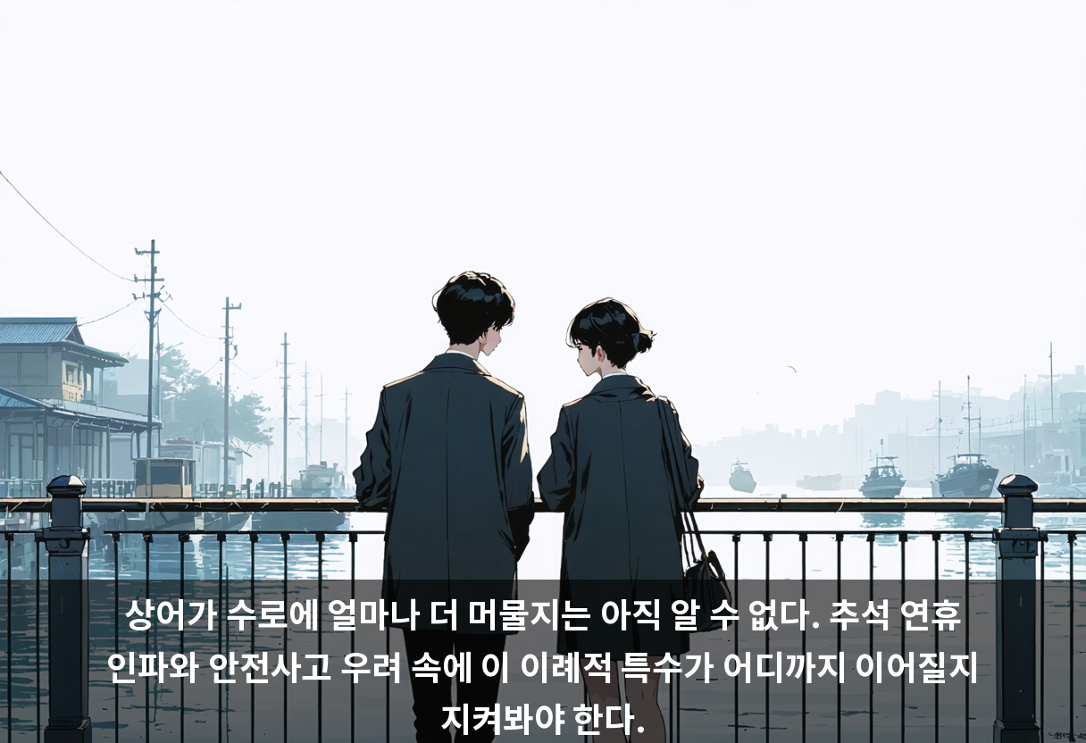 상어가 수로에 얼마나 더 머물지는 아직 알 수 없다. 추석 연휴 인파와 안전사고 우려 속에 이 이례적 특수가 어디까지 이어질지 지켜봐야 한다.