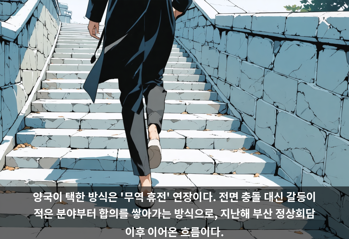 양국이 택한 방식은 '무역 휴전' 연장이다. 전면 충돌 대신 갈등이 적은 분야부터 합의를 쌓아가는 방식으로, 지난해 부산 정상회담 이후 이어온 흐름이다.