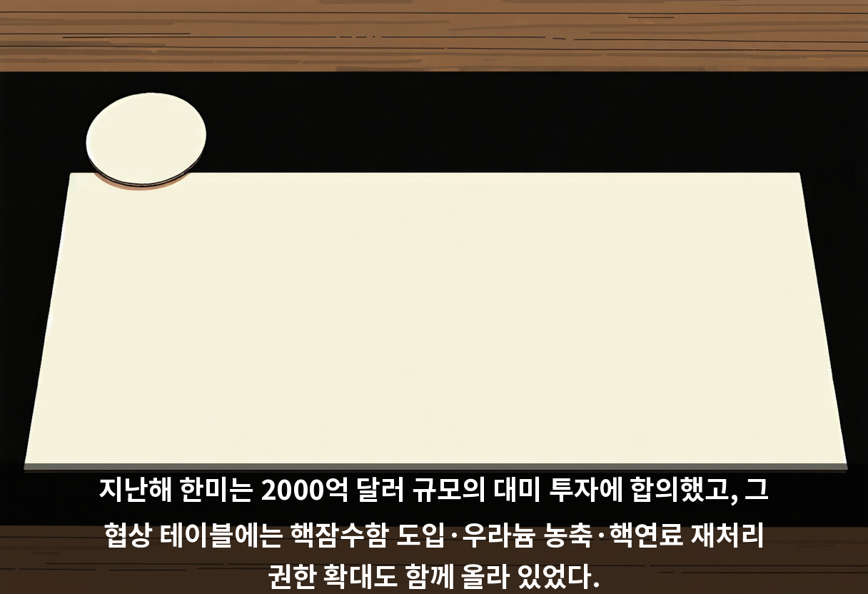 지난해 한미는 2000억 달러 규모의 대미 투자에 합의했고, 그 협상 테이블에는 핵잠수함 도입·우라늄 농축·핵연료 재처리 권한 확대도 함께 올라 있었다.