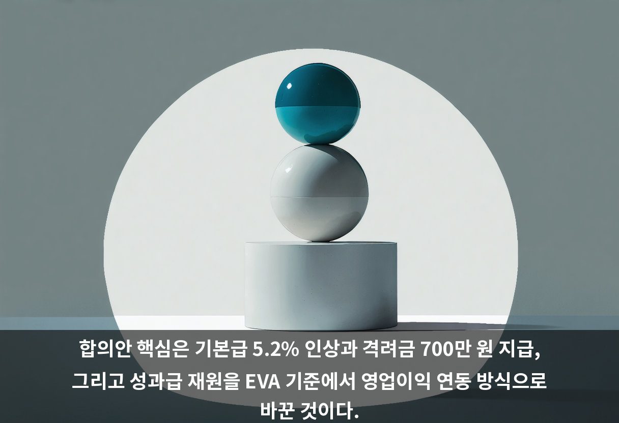 합의안 핵심은 기본급 5.2% 인상과 격려금 700만 원 지급, 그리고 성과급 재원을 EVA 기준에서 영업이익 연동 방식으로 바꾼 것이다.