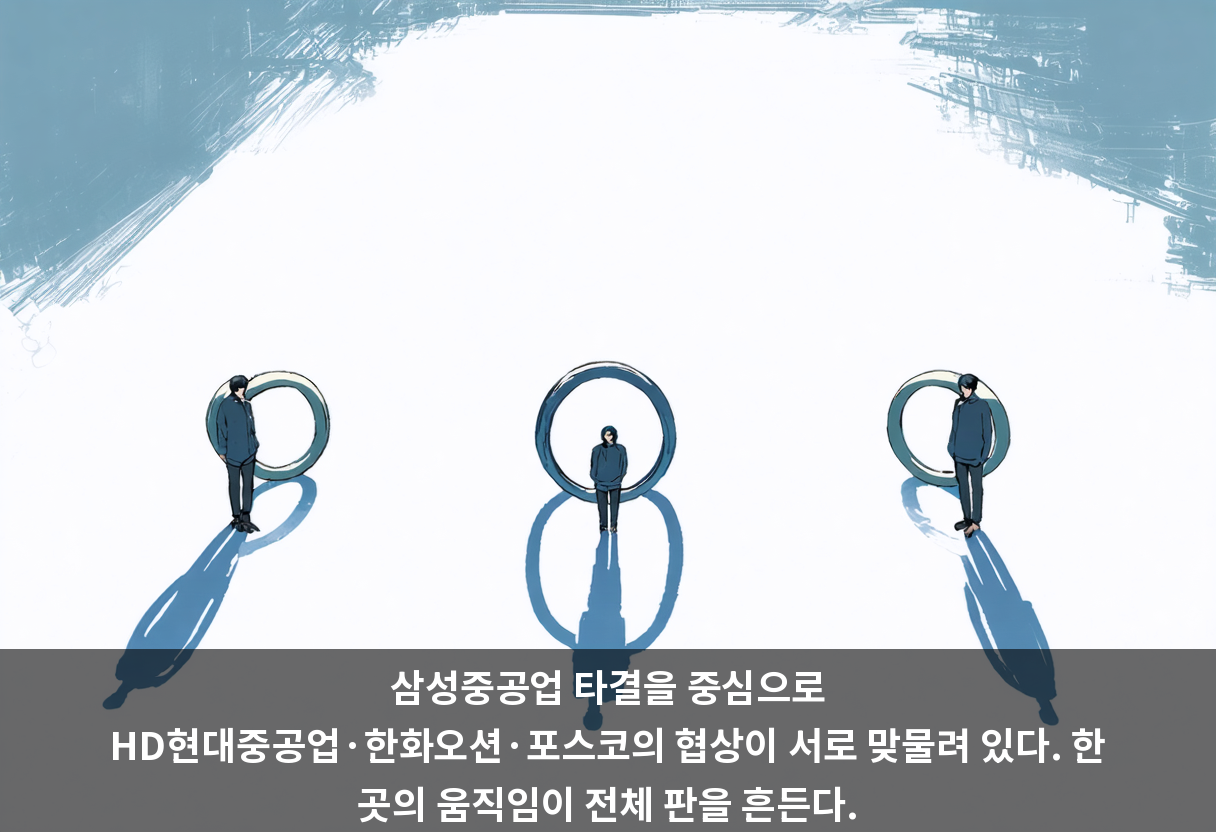 삼성중공업 타결을 중심으로 HD현대중공업·한화오션·포스코의 협상이 서로 맞물려 있다. 한 곳의 움직임이 전체 판을 흔든다.