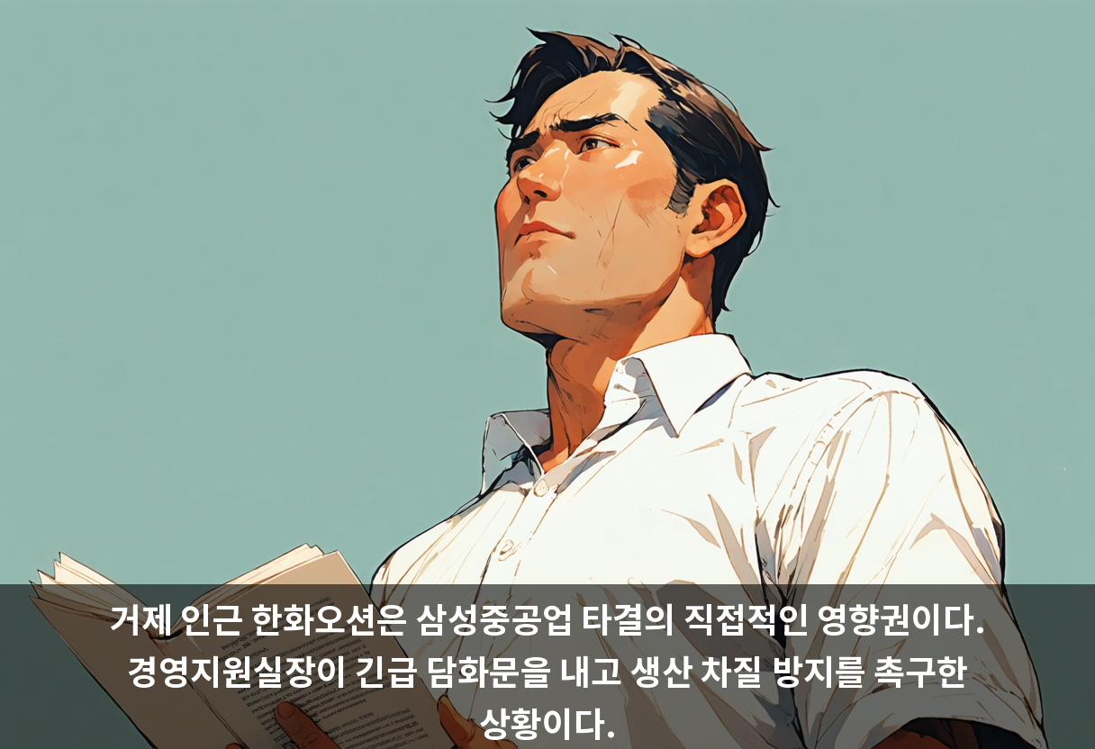 거제 인근 한화오션은 삼성중공업 타결의 직접적인 영향권이다. 경영지원실장이 긴급 담화문을 내고 생산 차질 방지를 촉구한 상황이다.