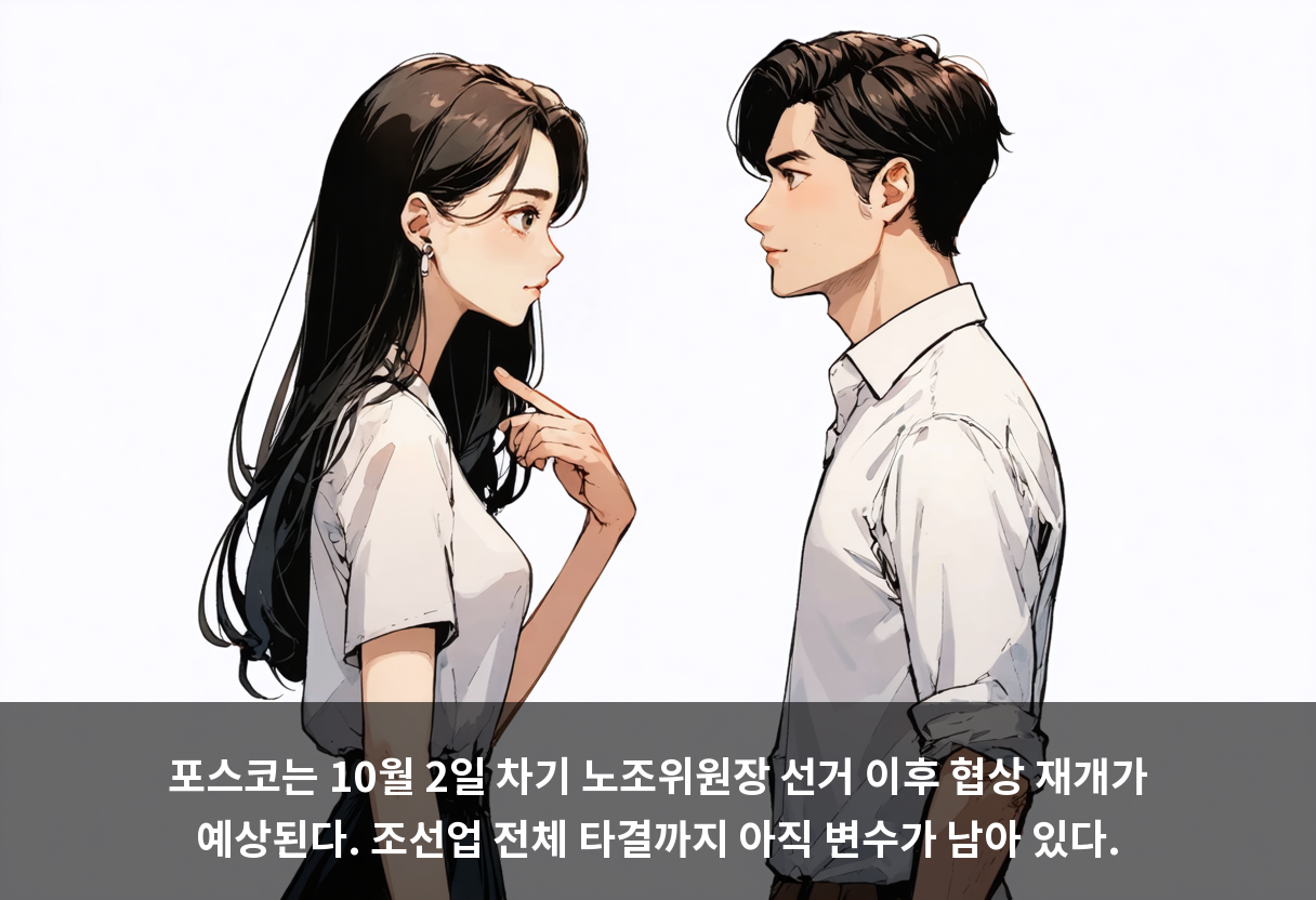 포스코는 10월 2일 차기 노조위원장 선거 이후 협상 재개가 예상된다. 조선업 전체 타결까지 아직 변수가 남아 있다.