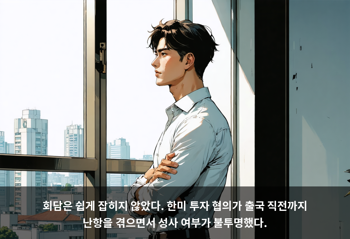 회담은 쉽게 잡히지 않았다. 한미 투자 협의가 출국 직전까지 난항을 겪으면서 성사 여부가 불투명했다.
