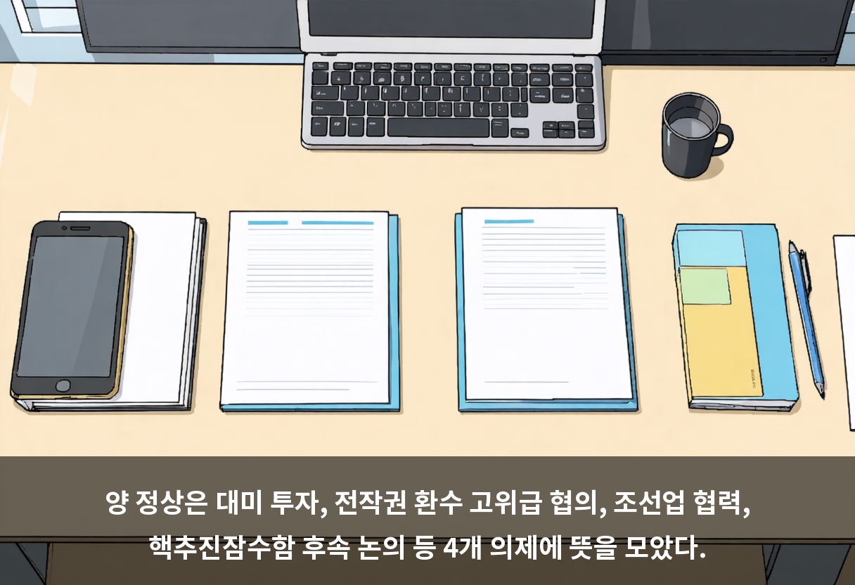 양 정상은 대미 투자, 전작권 환수 고위급 협의, 조선업 협력, 핵추진잠수함 후속 논의 등 4개 의제에 뜻을 모았다.