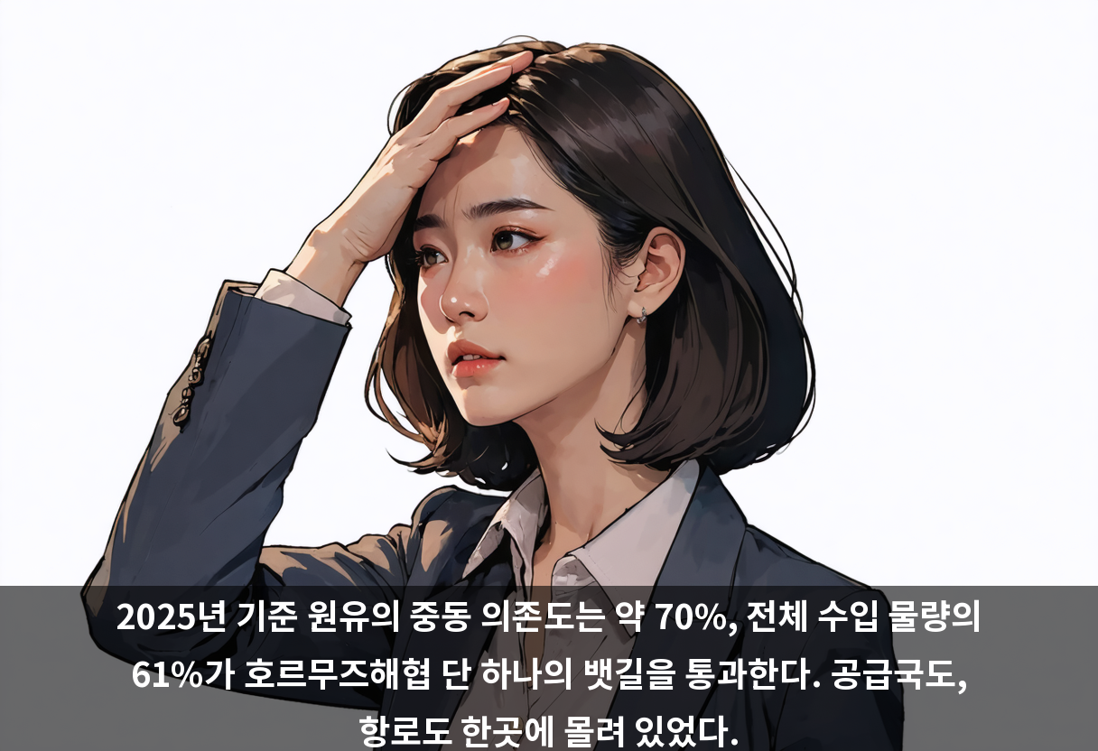 2025년 기준 원유의 중동 의존도는 약 70%, 전체 수입 물량의 61%가 호르무즈해협 단 하나의 뱃길을 통과한다. 공급국도, 항로도 한곳에 몰려 있었다.