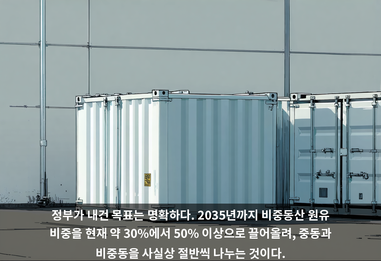 정부가 내건 목표는 명확하다. 2035년까지 비중동산 원유 비중을 현재 약 30%에서 50% 이상으로 끌어올려, 중동과 비중동을 사실상 절반씩 나누는 것이다.