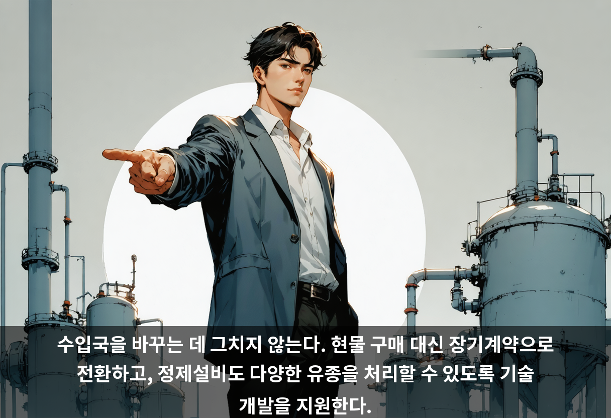 수입국을 바꾸는 데 그치지 않는다. 현물 구매 대신 장기계약으로 전환하고, 정제설비도 다양한 유종을 처리할 수 있도록 기술 개발을 지원한다.