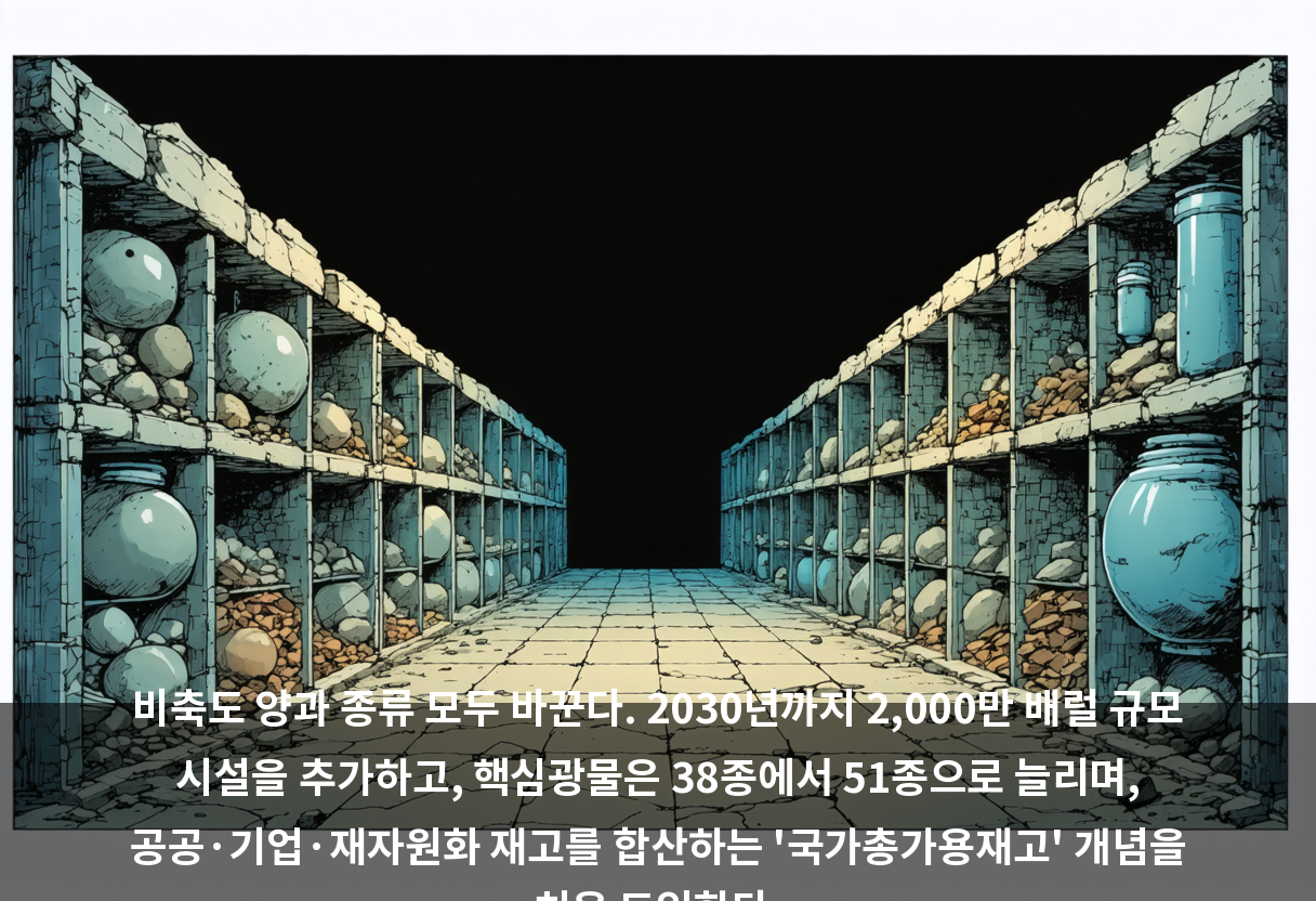 비축도 양과 종류 모두 바꾼다. 2030년까지 2,000만 배럴 규모 시설을 추가하고, 핵심광물은 38종에서 51종으로 늘리며, 공공·기업·재자원화 재고를 합산하는 '국가총가용재고' 개념을 처음 도입한다.
