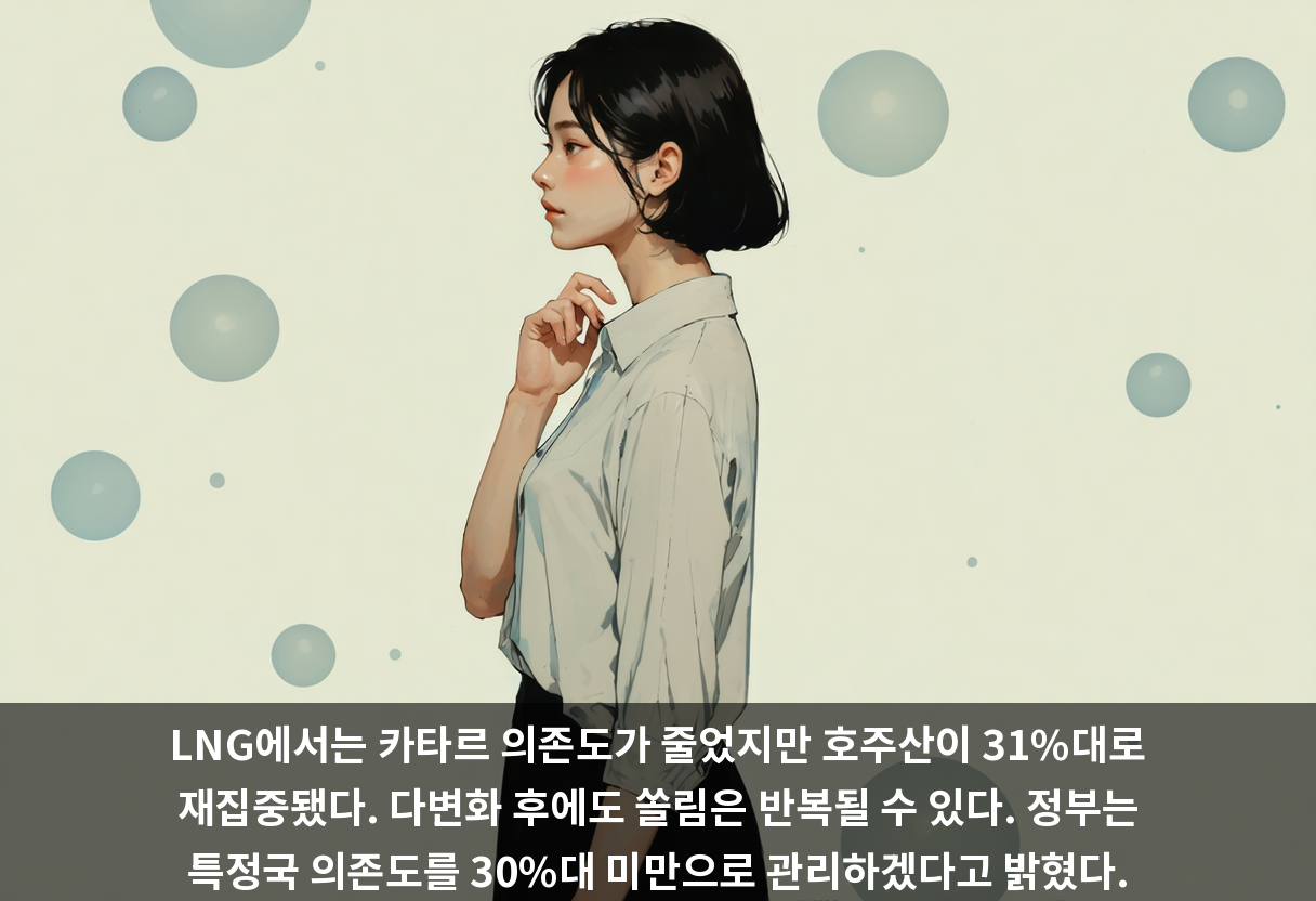 LNG에서는 카타르 의존도가 줄었지만 호주산이 31%대로 재집중됐다. 다변화 후에도 쏠림은 반복될 수 있다. 정부는 특정국 의존도를 30%대 미만으로 관리하겠다고 밝혔다.