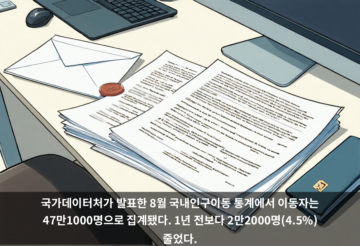 국가데이터처가 발표한 8월 국내인구이동 통계에서 이동자는 47만1000명으로 집계됐다. 1년 전보다 2만2000명(4.5%) 줄었다.