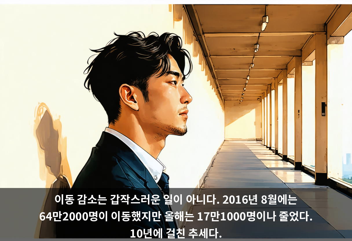 이동 감소는 갑작스러운 일이 아니다. 2016년 8월에는 64만2000명이 이동했지만 올해는 17만1000명이나 줄었다. 10년에 걸친 추세다.