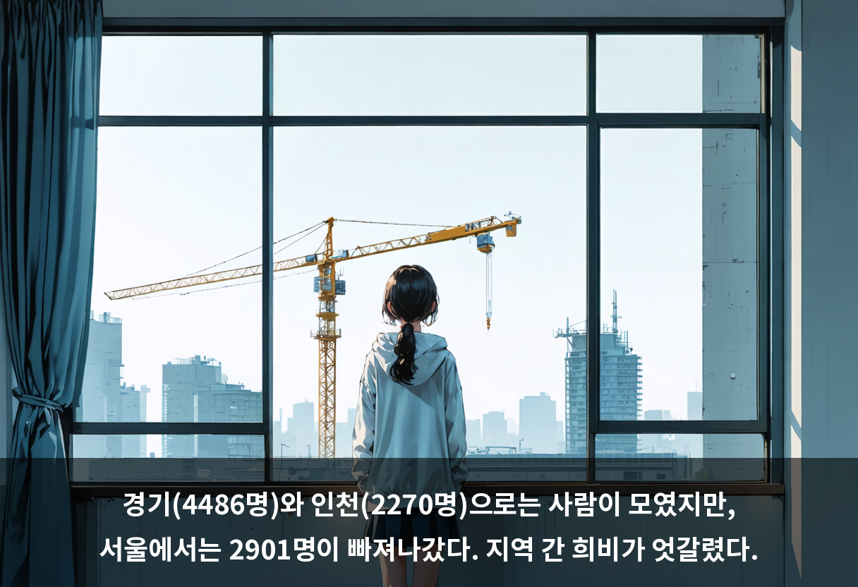 경기(4486명)와 인천(2270명)으로는 사람이 모였지만, 서울에서는 2901명이 빠져나갔다. 지역 간 희비가 엇갈렸다.