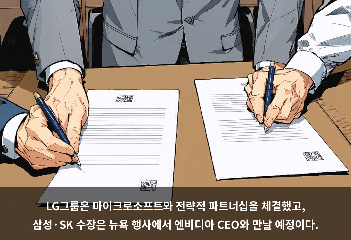LG그룹은 마이크로소프트와 전략적 파트너십을 체결했고, 삼성·SK 수장은 뉴욕 행사에서 엔비디아 CEO와 만날 예정이다.