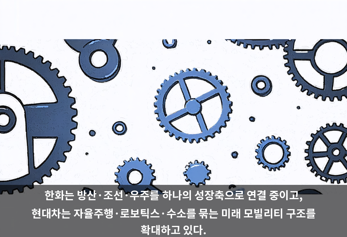 한화는 방산·조선·우주를 하나의 성장축으로 연결 중이고, 현대차는 자율주행·로보틱스·수소를 묶는 미래 모빌리티 구조를 확대하고 있다.