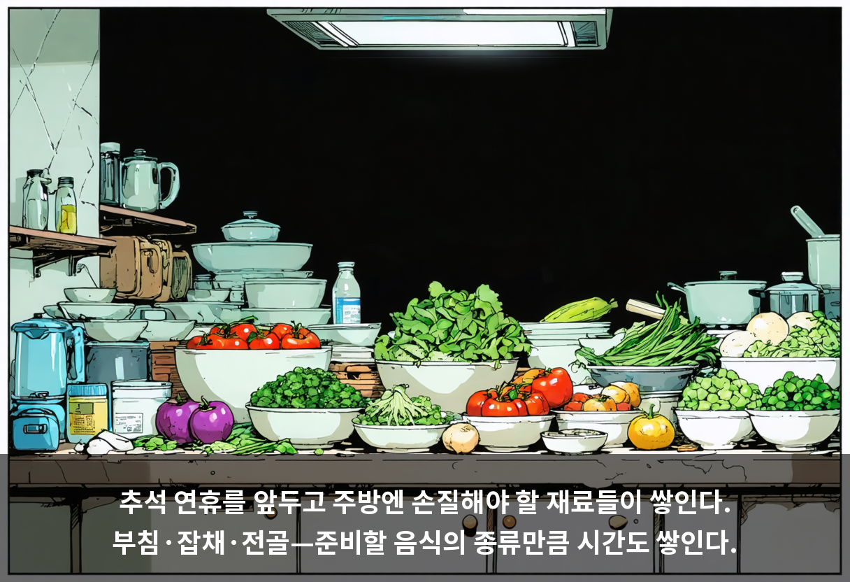 추석 연휴를 앞두고 주방엔 손질해야 할 재료들이 쌓인다. 부침·잡채·전골—준비할 음식의 종류만큼 시간도 쌓인다.