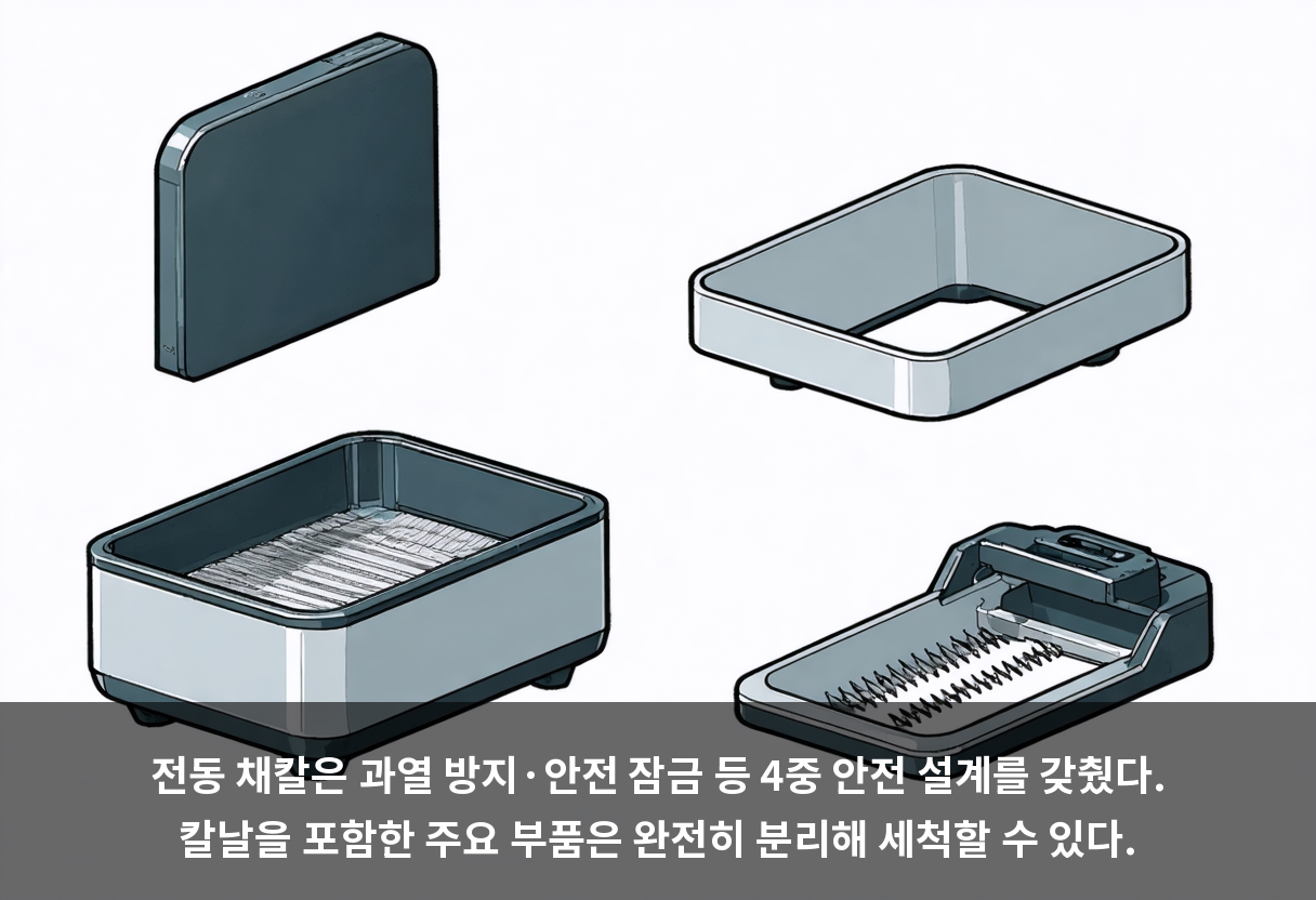 전동 채칼은 과열 방지·안전 잠금 등 4중 안전 설계를 갖췄다. 칼날을 포함한 주요 부품은 완전히 분리해 세척할 수 있다.