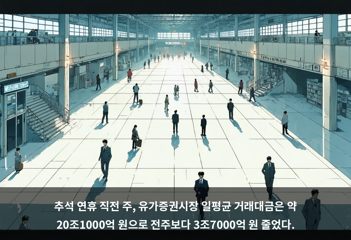 추석 연휴 직전 주, 유가증권시장 일평균 거래대금은 약 20조1000억 원으로 전주보다 3조7000억 원 줄었다.