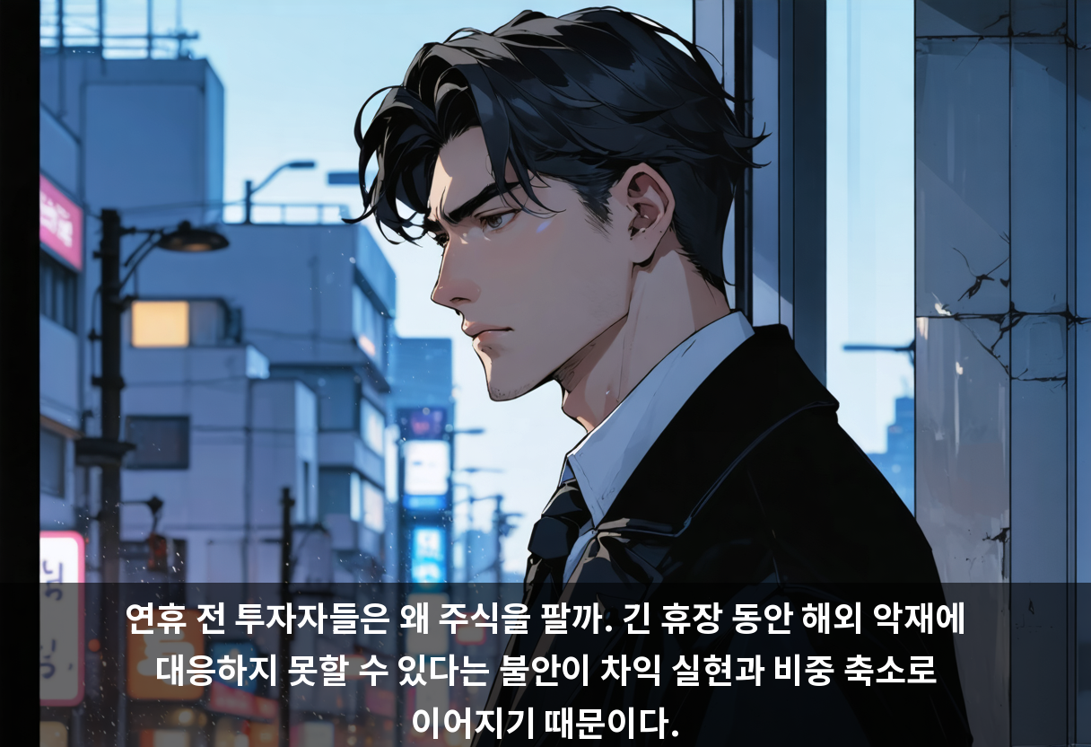 연휴 전 투자자들은 왜 주식을 팔까. 긴 휴장 동안 해외 악재에 대응하지 못할 수 있다는 불안이 차익 실현과 비중 축소로 이어지기 때문이다.