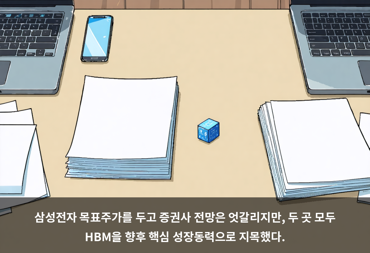 삼성전자 목표주가를 두고 증권사 전망은 엇갈리지만, 두 곳 모두 HBM을 향후 핵심 성장동력으로 지목했다.