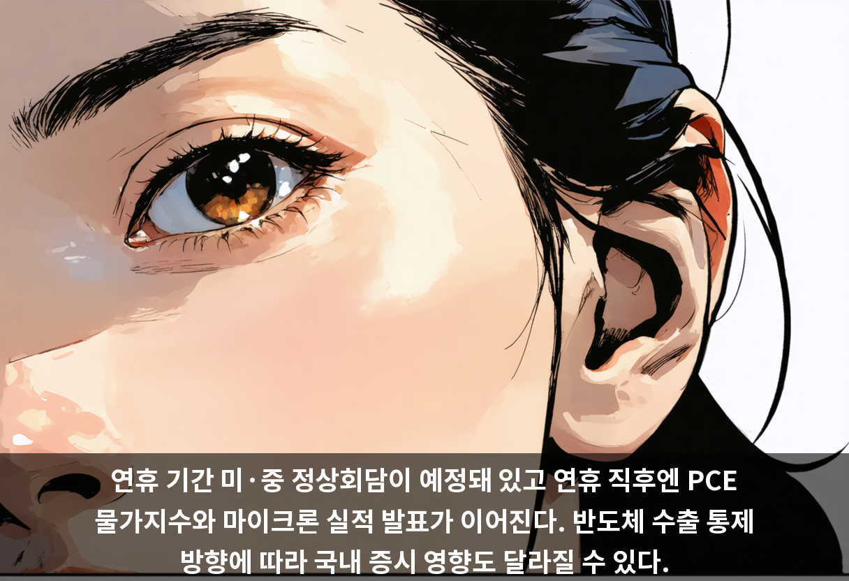 연휴 기간 미·중 정상회담이 예정돼 있고 연휴 직후엔 PCE 물가지수와 마이크론 실적 발표가 이어진다. 반도체 수출 통제 방향에 따라 국내 증시 영향도 달라질 수 있다.
