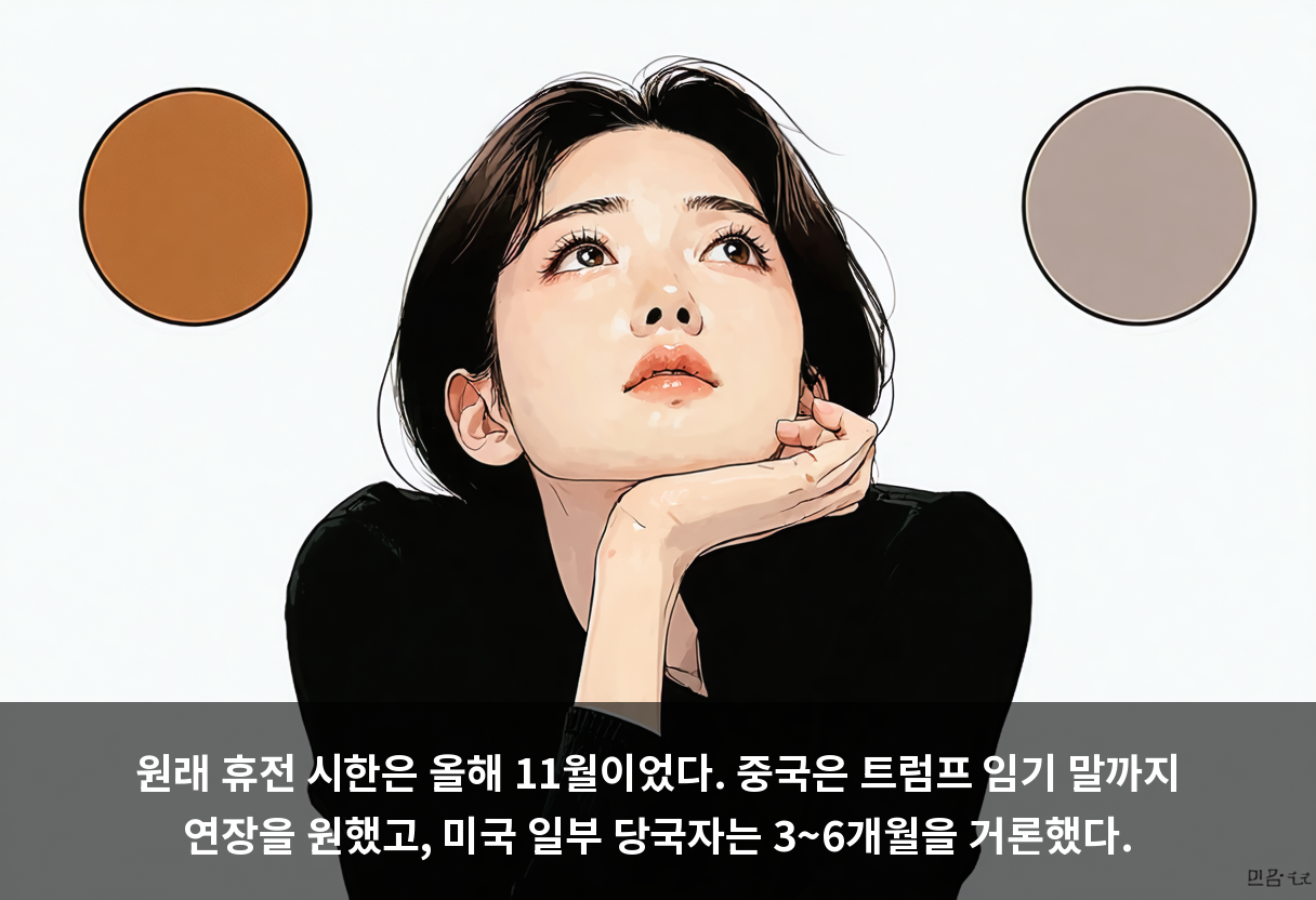 원래 휴전 시한은 올해 11월이었다. 중국은 트럼프 임기 말까지 연장을 원했고, 미국 일부 당국자는 3~6개월을 거론했다.