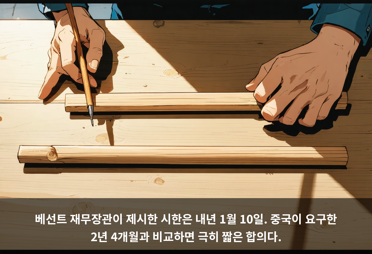 베선트 재무장관이 제시한 시한은 내년 1월 10일. 중국이 요구한 2년 4개월과 비교하면 극히 짧은 합의다.