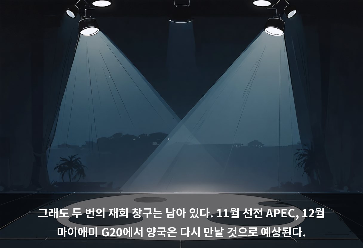 그래도 두 번의 재회 창구는 남아 있다. 11월 선전 APEC, 12월 마이애미 G20에서 양국은 다시 만날 것으로 예상된다.