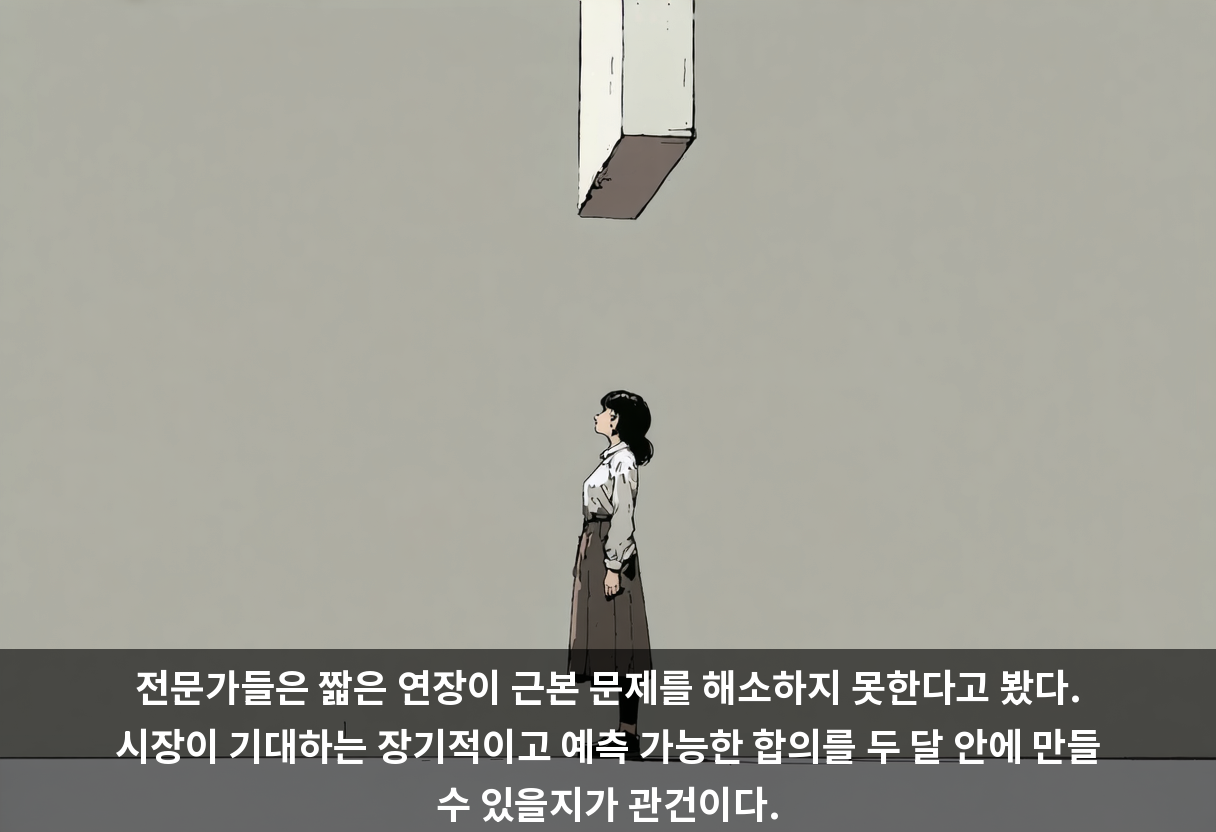 전문가들은 짧은 연장이 근본 문제를 해소하지 못한다고 봤다. 시장이 기대하는 장기적이고 예측 가능한 합의를 두 달 안에 만들 수 있을지가 관건이다.
