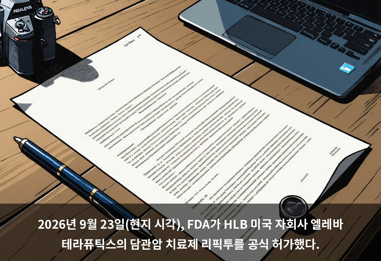 2026년 9월 23일(현지 시각), FDA가 HLB 미국 자회사 엘레바 테라퓨틱스의 담관암 치료제 리픽투를 공식 허가했다.
