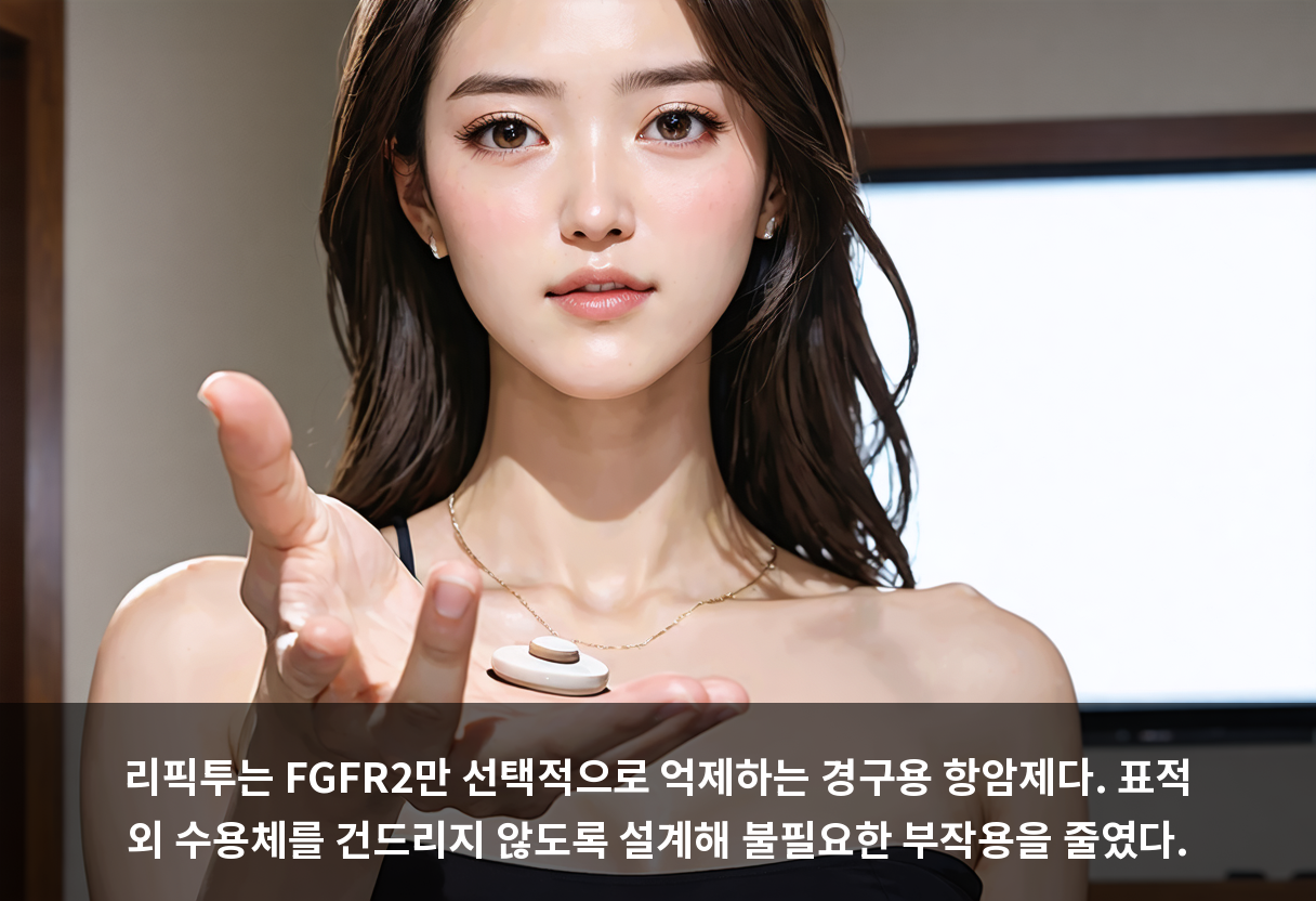 리픽투는 FGFR2만 선택적으로 억제하는 경구용 항암제다. 표적 외 수용체를 건드리지 않도록 설계해 불필요한 부작용을 줄였다.